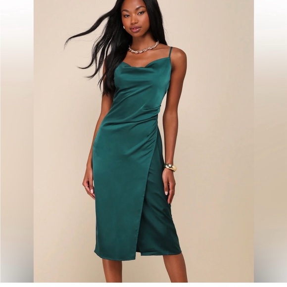 Lulus Dresses & Skirts - Lulus Hollywood Forest Green Satin Midi Dress Women's Size medium